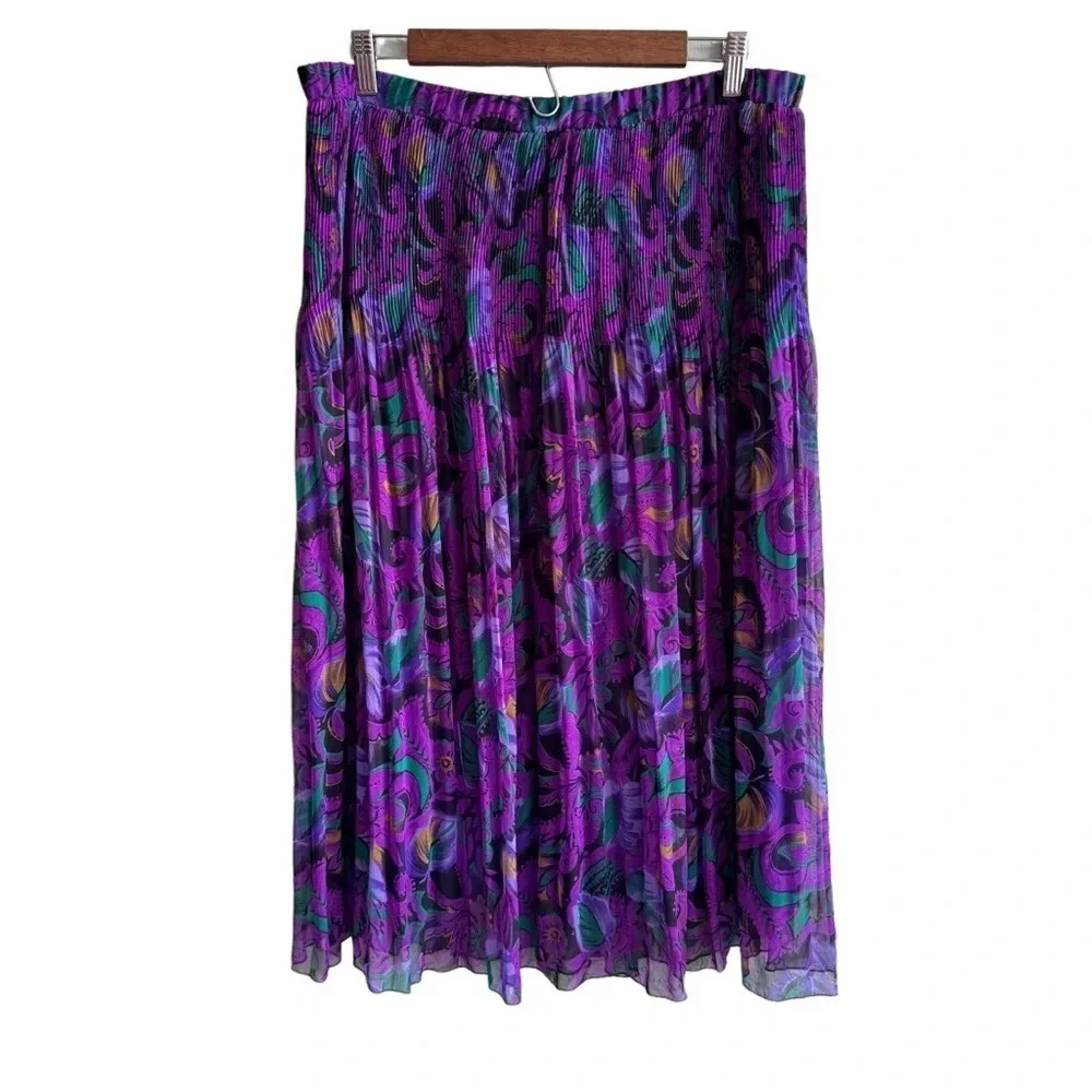 Adolfo II Vintage Purple Floral Pleated Midi Skirt Womens size S